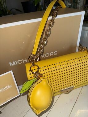 Michael Kors Yellow Studded Leather CECE MEDIUM STUDDED SHOULDER bag NWT